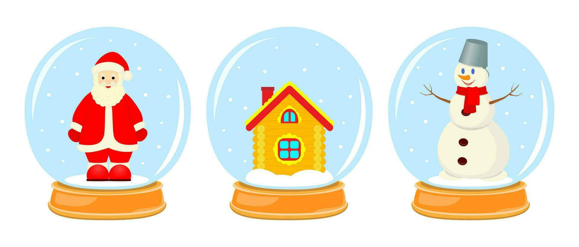 vektor illustration. samling av magi glas bollar. santa claus, snögubbe och hus. ny år och jul illustration.
