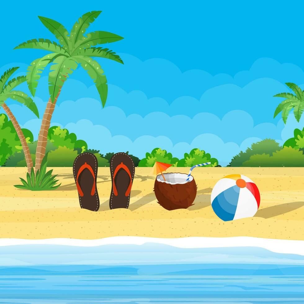 Kokosnuss mit kalt trinken, Alkohol Cocktail, Flip-Flops, Ball. Landschaft von Palme Baum auf Strand. Tag im tropisch Ort. Ferien und Feiertage. Vektor Illustration eben Stil