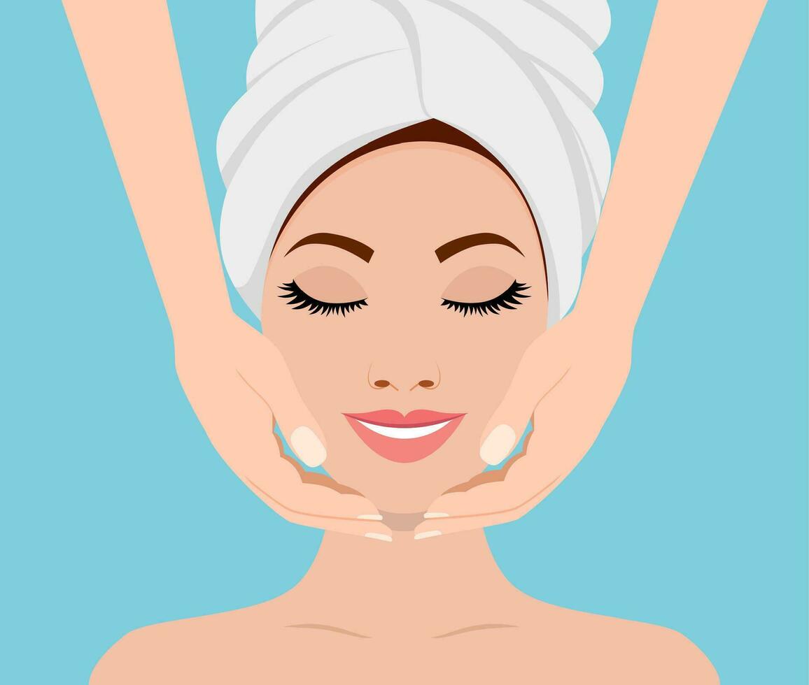 ansikte massage. spa hud och kropp vård. närbild av ung kvinna få spa massage behandling på skönhet spa salong. spa skönhet och hälsa begrepp. vektor illustration i platt stil