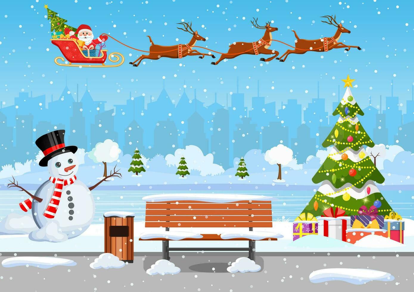 schneebedeckt Winter Stadt Park mit Weihnachten Bäume, Bank, Schneemann und Stadt Horizont. Winter Weihnachten Landschaft zum Banner, Poster, Netz. Santa claus Reiten auf Schlitten. Vektor Illustration im eben Stil