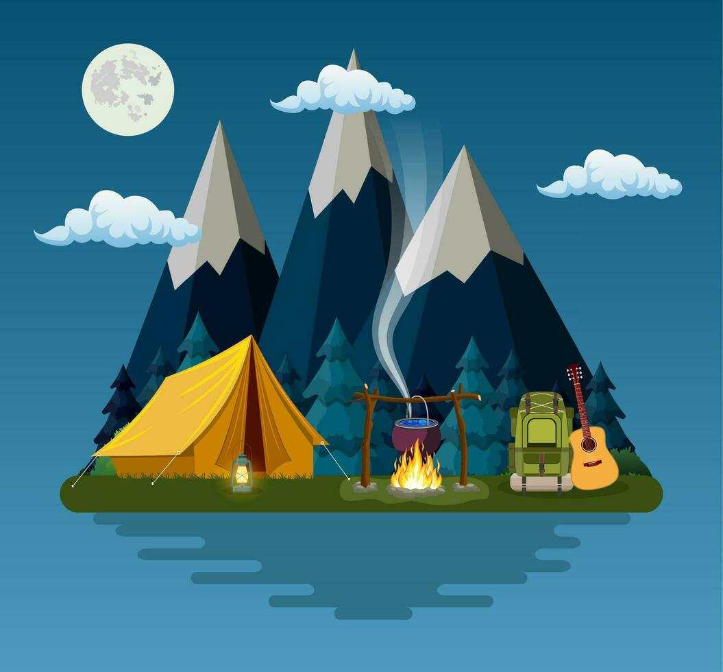 tält, lägereld, berg, skog och vatten. bakgrund för sommar läger, natur turism, camping eller vandring design begrepp. vektor illustration i platt stil