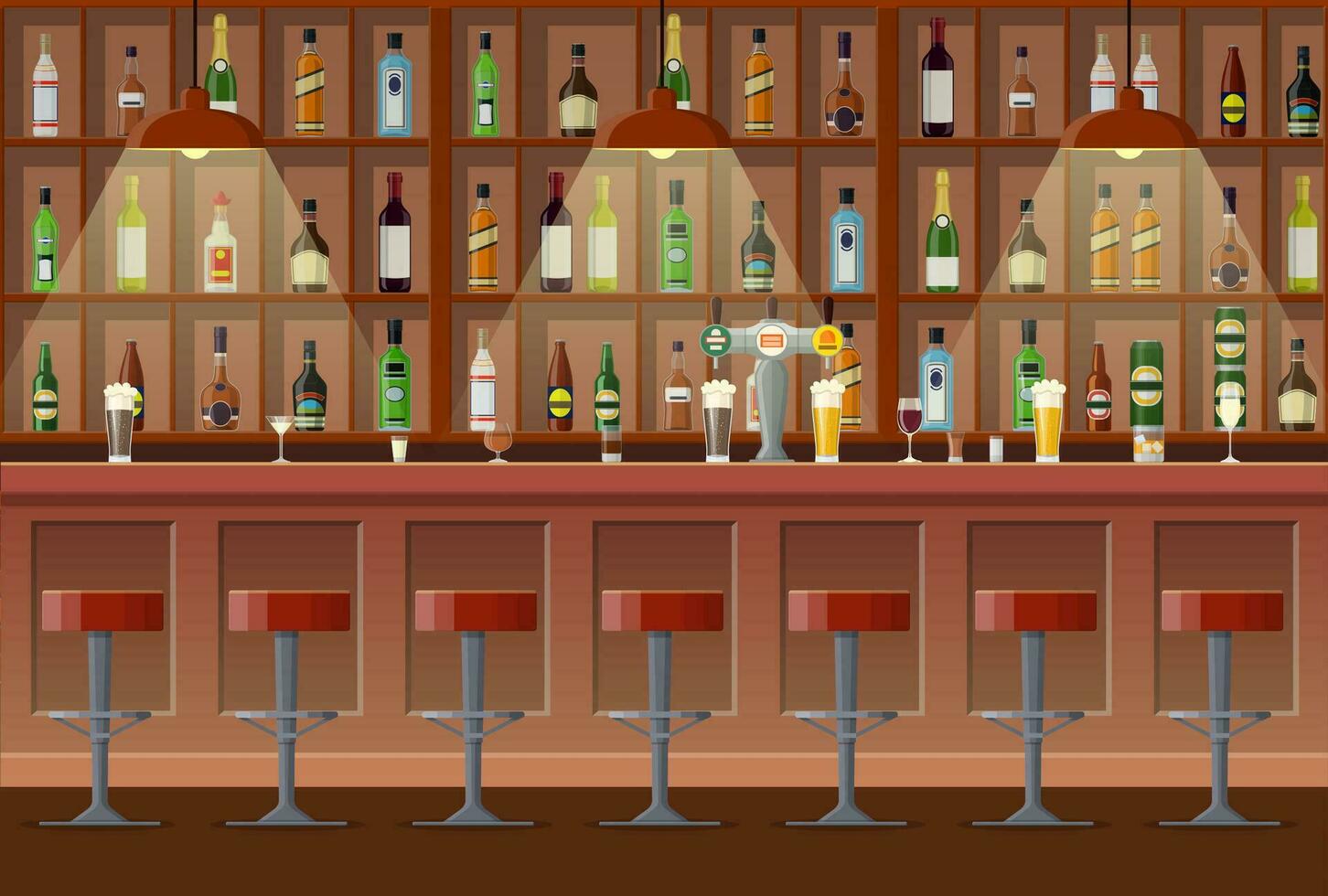 Bar, Kneipe, Nacht Verein Innere. Bar Schalter, Bar Stühle und Regale mit Alkohol. Vektor Illustration im eben Stil