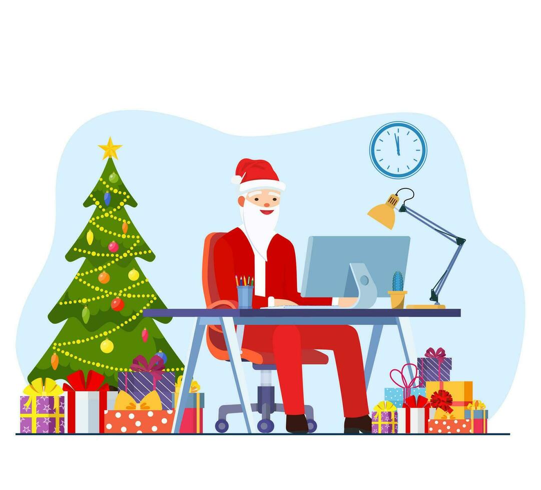 Santa claus mit Laptop Sitzung beim Arbeitsplatz in der Nähe von Tanne Baum mit Geschenk Kisten fröhlich Weihnachten Neu Jahr Ferien Feier Konzept. Vektor Illustration im eben Stil