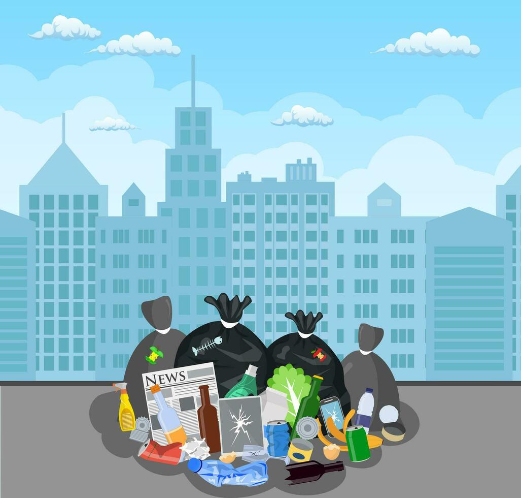 Stahl Müll Behälter voll von Müll. überfüllt Müll, Essen, verfault Frucht, Papiere, Behälter und Glas. Müll Recycling und Verwertung Ausrüstung. Vektor Illustration im eben Stil