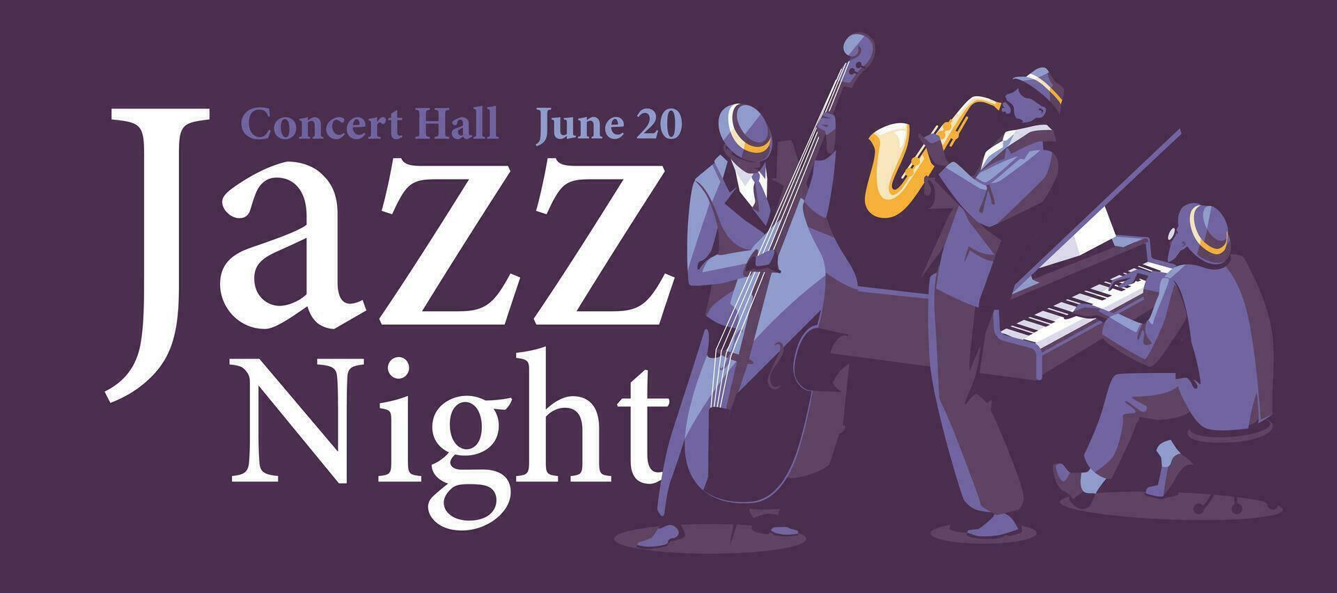 Werbung Banner von ein Konzert von Jazz Musik. Musiker auf groß Schriftarten und ein dunkel Hintergrund. Performance im ein Nacht Verein. Vektor eben Illustration