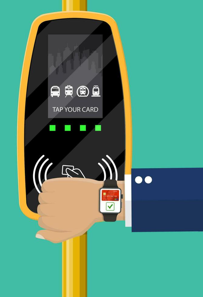 Hand mit Smartwatch und Bank Karte in der Nähe von Terminal. Flughafen, Metro, Bus, U-Bahn Fahrkarte Validator. kabellos kontaktlos bargeldlos Zahlungen, rfid NFC. Vektor Illustration im eben Stil