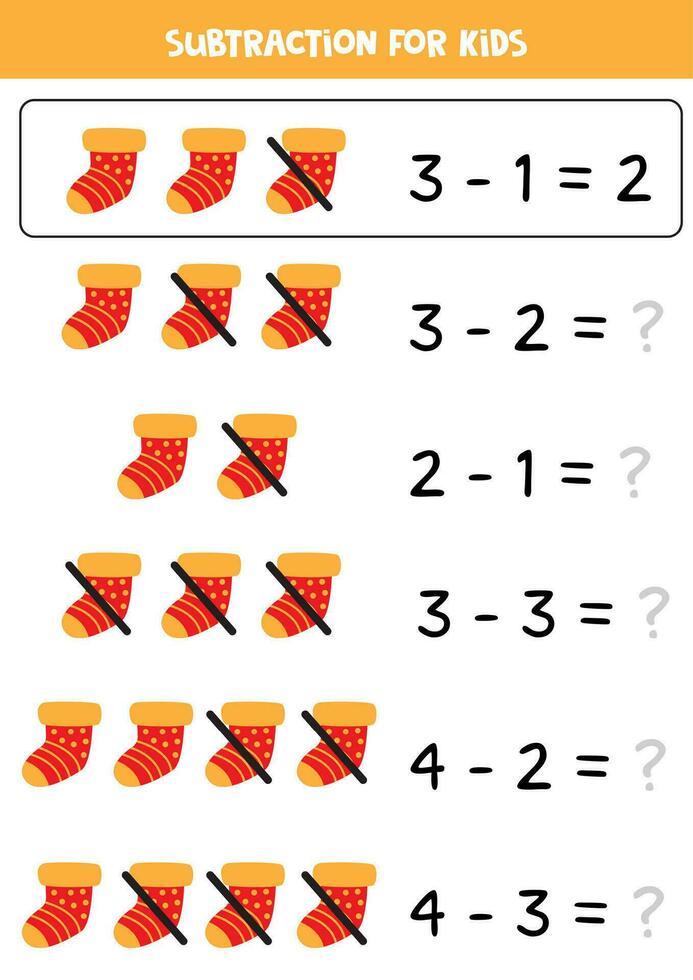 subtraktion spel med söt tecknad serie strumpa. matematik spel. vektor