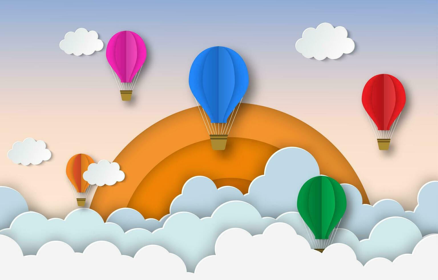färgrik varm luft ballonger flygande i de luft med blå molnig himmel bakgrund med skön solnedgång. papper skära affisch mall med luft ballonger. flygblad, banderoller, posters och mallar design. vektor