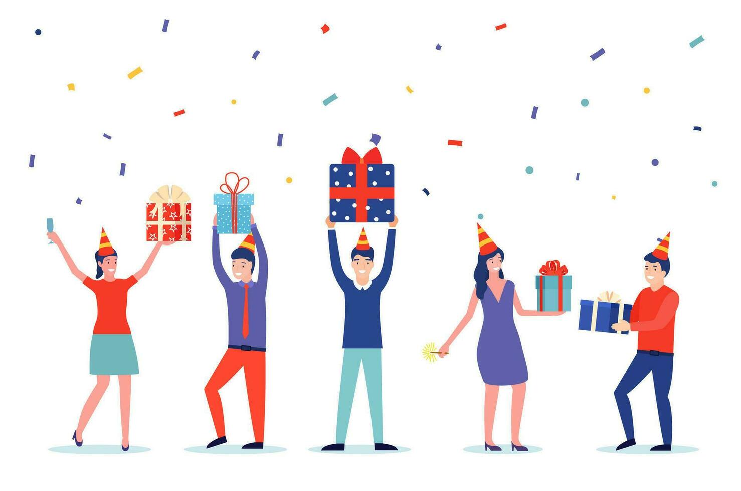 rolig företag människor människor med gåvor. ny år och födelsedag fest. firande aning begrepp. vektor illustration i platt stil
