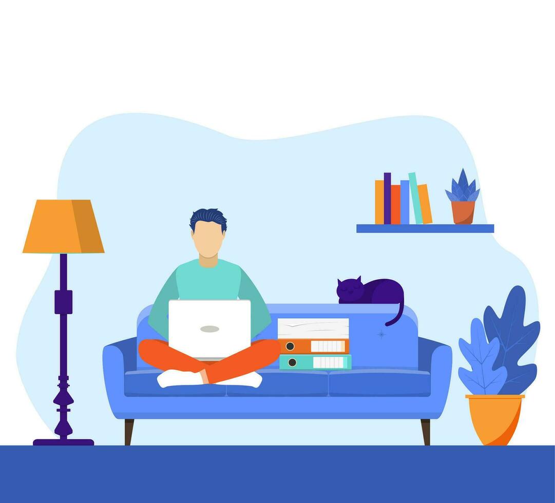 Mann mit Laptop Sitzung auf das Sofa. freiberuflich oder studieren Konzept. Netz Seite Design Vorlage zum online Ausbildung, Ausbildung und Kurse, Lernen, Video Tutorials. Vektor Illustration im eben Stil