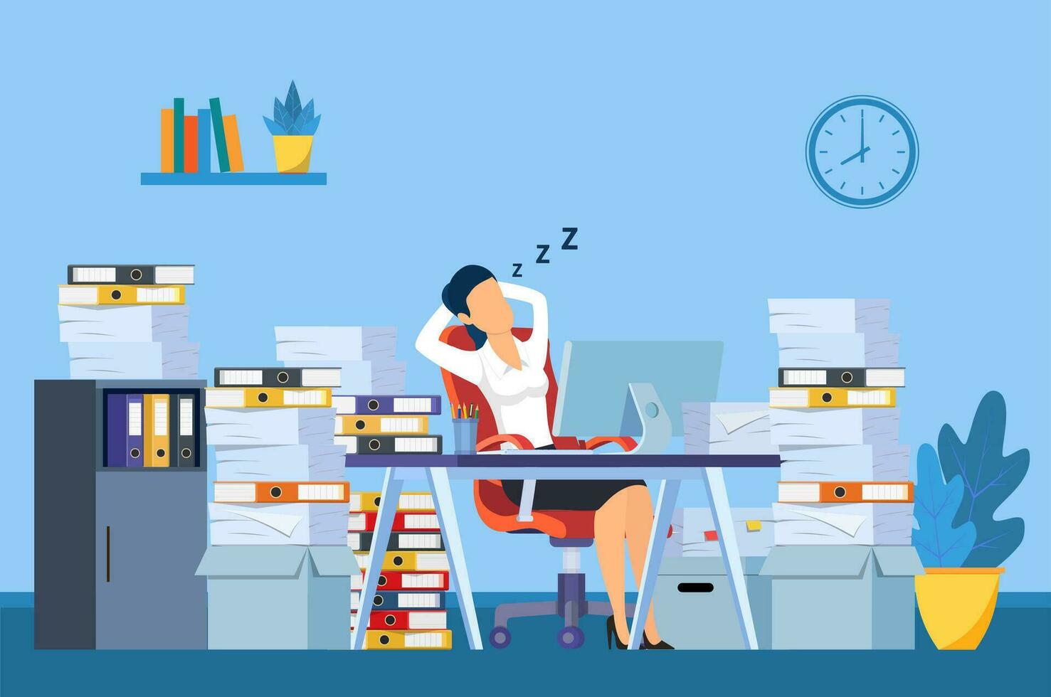 Geschäftsfrau ist Schlafen beim seine Arbeitsplatz Schreibtisch während Arbeiten Std mit das Haufen von Papier dokumentieren um. zögern und verschwenden Zeit Konzept. Vektor Illustration im eben Stil