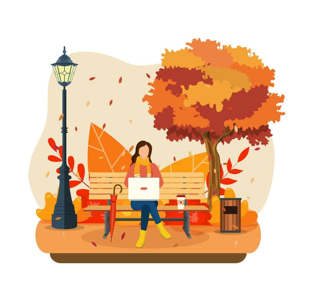 schön Herbst Stadt Park mit Bank . Frau mit Laptop Sitzung auf Bank im Herbst. freiberuflich, Fernbedienung Arbeit Konzept. Vektor Illustration im eben Stil.