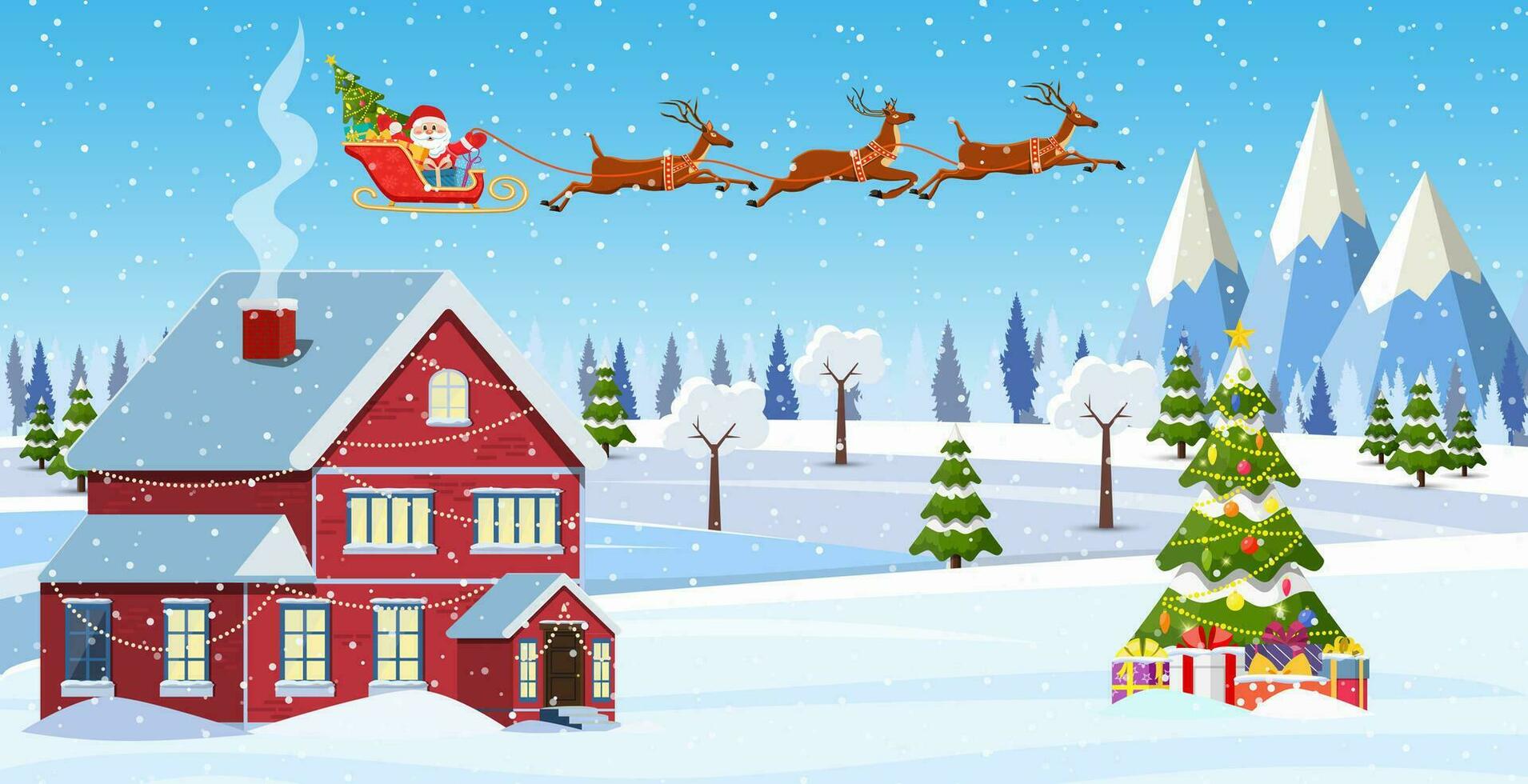 ein Haus im ein schneebedeckt Weihnachten Landschaft. Santa claus auf ein Schlitten. Konzept zum Gruß oder Post- Karte. fröhlich Weihnachten Urlaub. Neu Jahr und Weihnachten Feier vektor