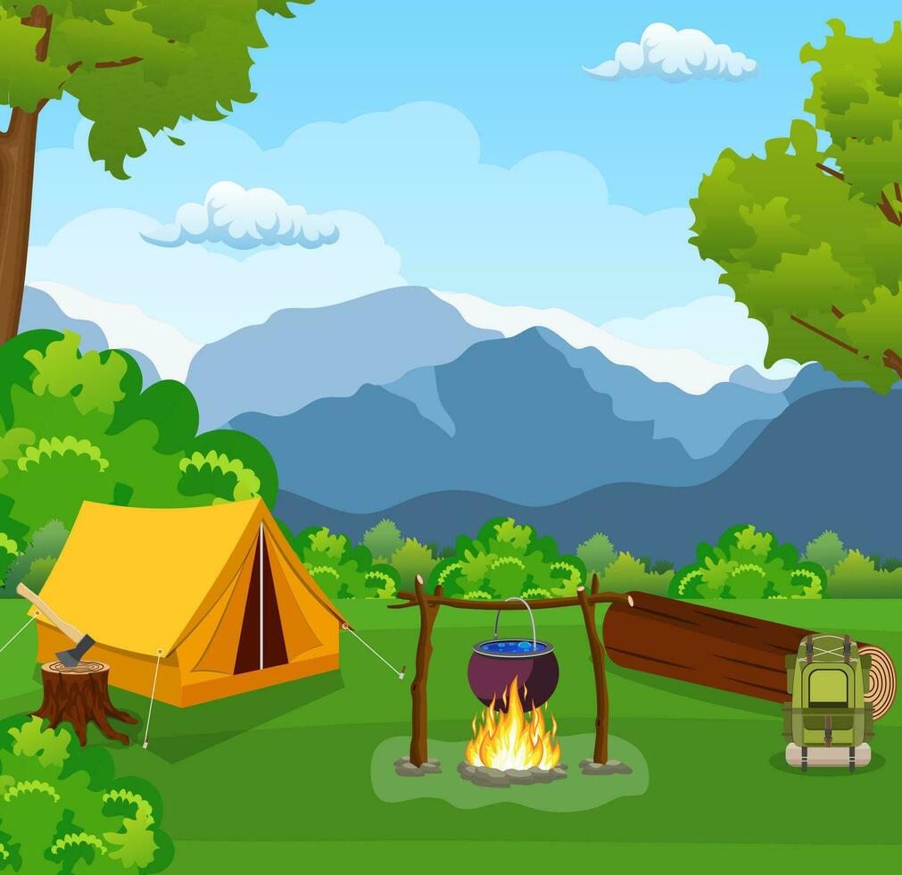 Tourist Zelt auf das Hintergrund von Berg und Holz. Vektor Illustration im eben Design