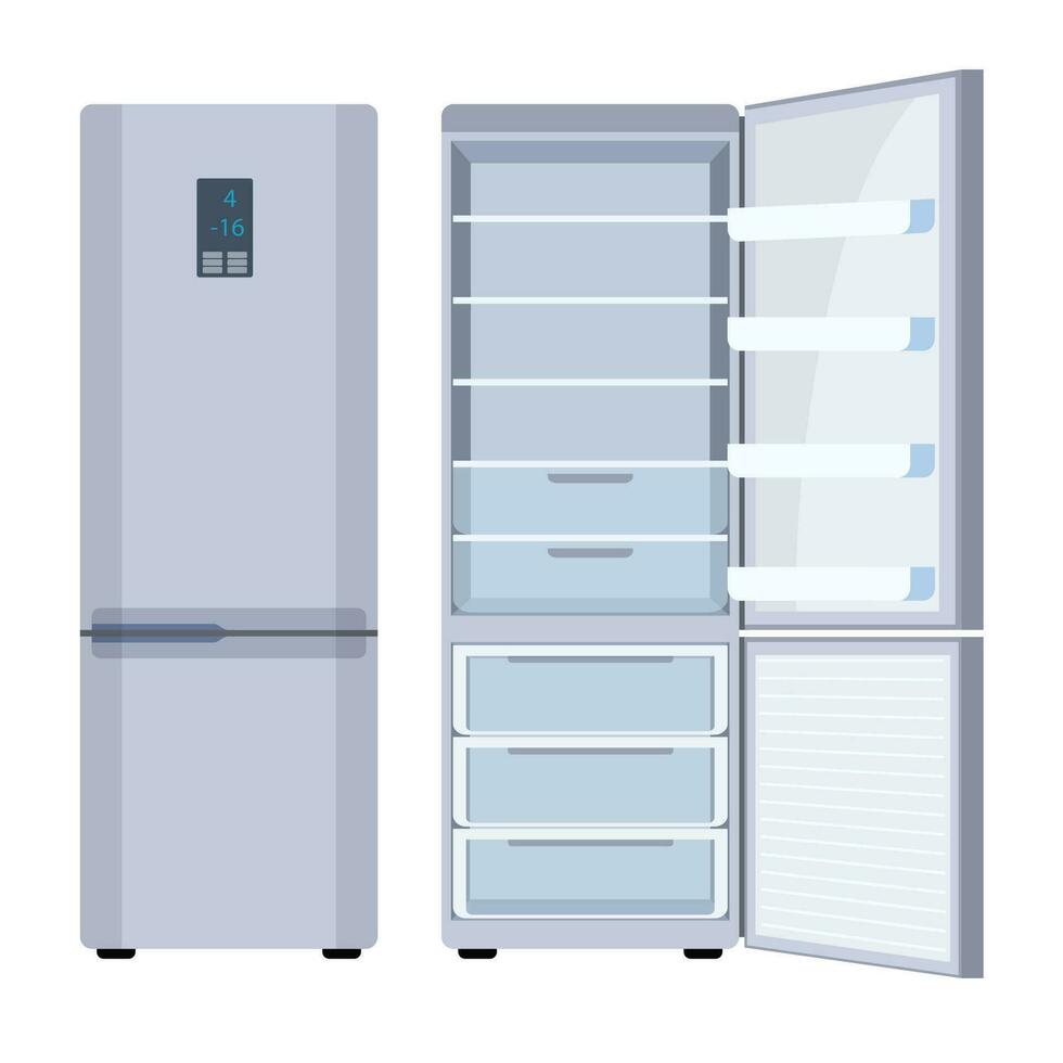 draussen Weiß Kühlschrank. geschlossen und öffnen Weiß Kühlschrank. Kühlschrank mit Gefrierschrank. isoliert auf Weiß Hintergrund. Vektor Illustration im eben Stil.