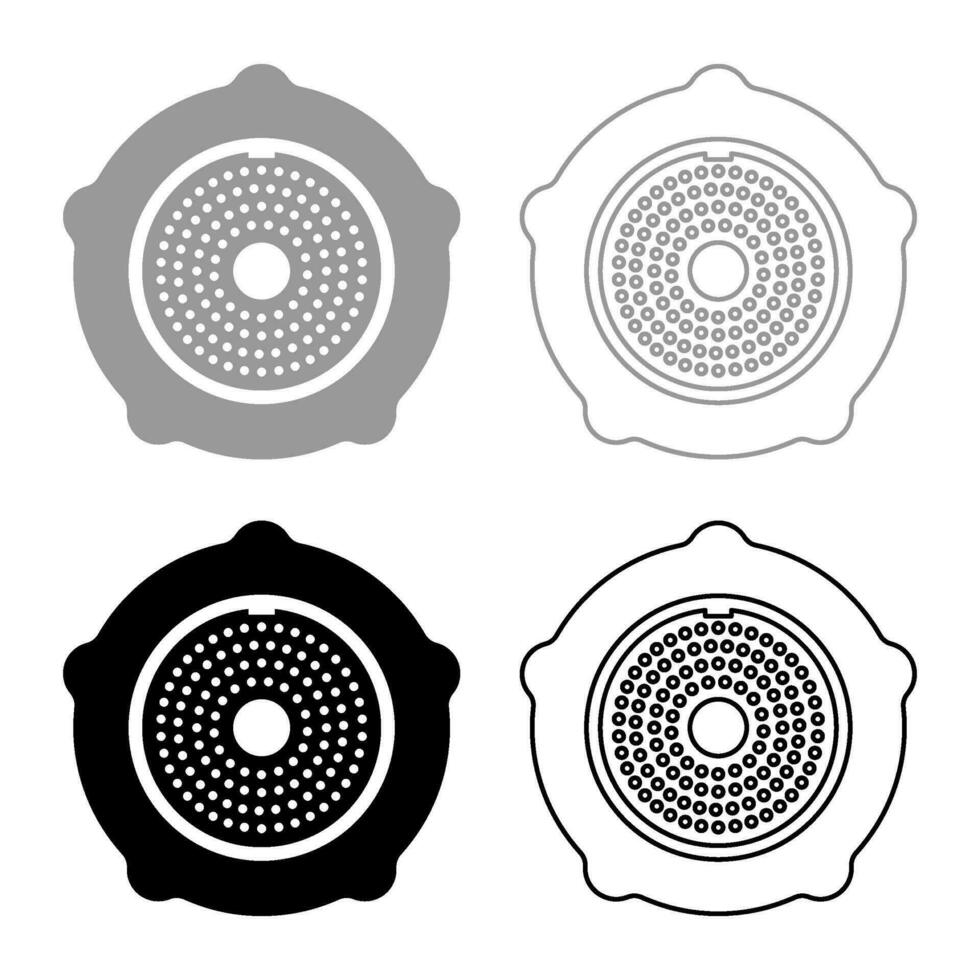 galler för kött kvarn tallrik köttfärs enhet för växande grund av kött gitter med nöt skruva kvinna skruva spärrhake sluta spärr hållare uppsättning ikon grå svart Färg vektor illustration bild fast fylla