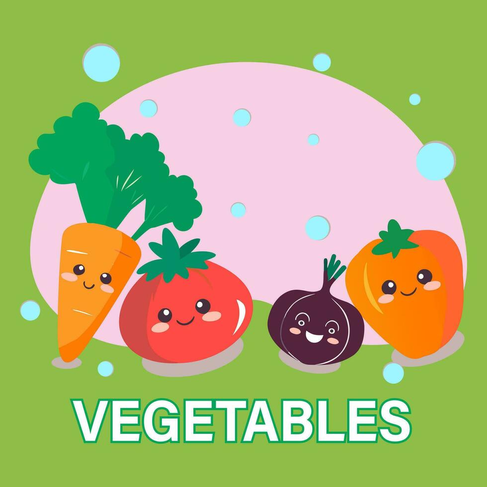 grönsaker vektor illustration. söt tecknad serie tecken morot, lök, tomat. vegetarian begrepp.