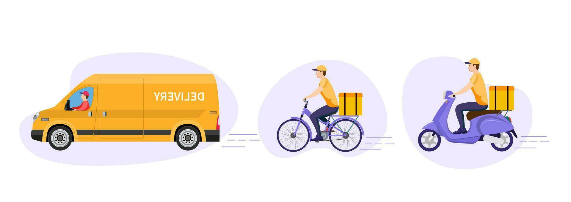 online Lieferung Bedienung Konzept, online bestellen Verfolgung, Lieferung Zuhause und Büro. Lagerhaus, LKW, Roller und Fahrrad Kurier, Lieferung Mann. Vektor Illustration im eben Stil