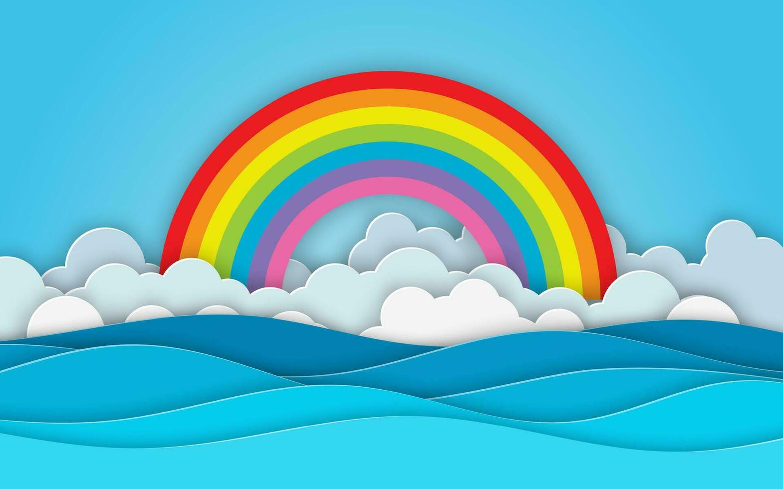 Meer Sicht. Wolke und Regenbogen im das Blau Himmel. Papier Schnitt und Kunst Stil. Blau Meer Wellen Weiß Luft Wolken Papier Kunst Stil von Startseite Design. Vektor Illustration