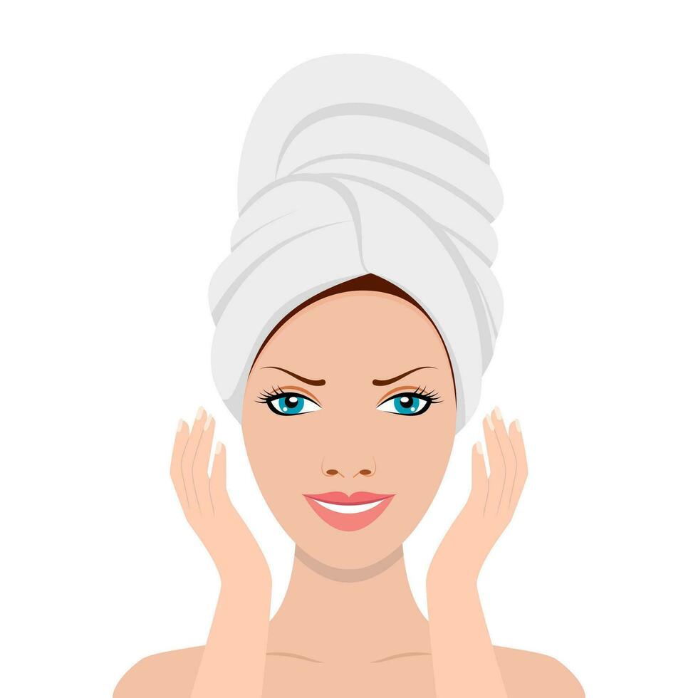Frau mit ein Handtuch auf ihr Kopf berühren ihr Gesicht nach Schönheit Maske. Spa Schönheit und Gesundheit Konzept. Haut Pflege . Entspannung Vektor Illustration im eben Stil