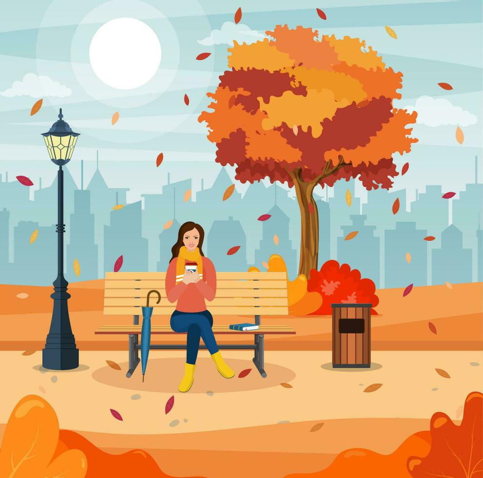 glücklich Mädchen Sitzung auf ein Bank mit ein Tasse von Kaffee, unter ein Baum mit fallen Blätter im ein Park. schön Herbst Stadt Park mit Bank. Vektor Illustration im eben Stil