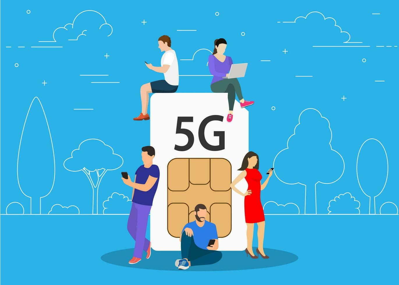 5g teknologi begrepp. kan använda sig av för webb baner, infografik. nät människor koncept. män och kvinnor använder sig av hög hastighet trådlös förbindelse 5g. vektor illustration i platt stil