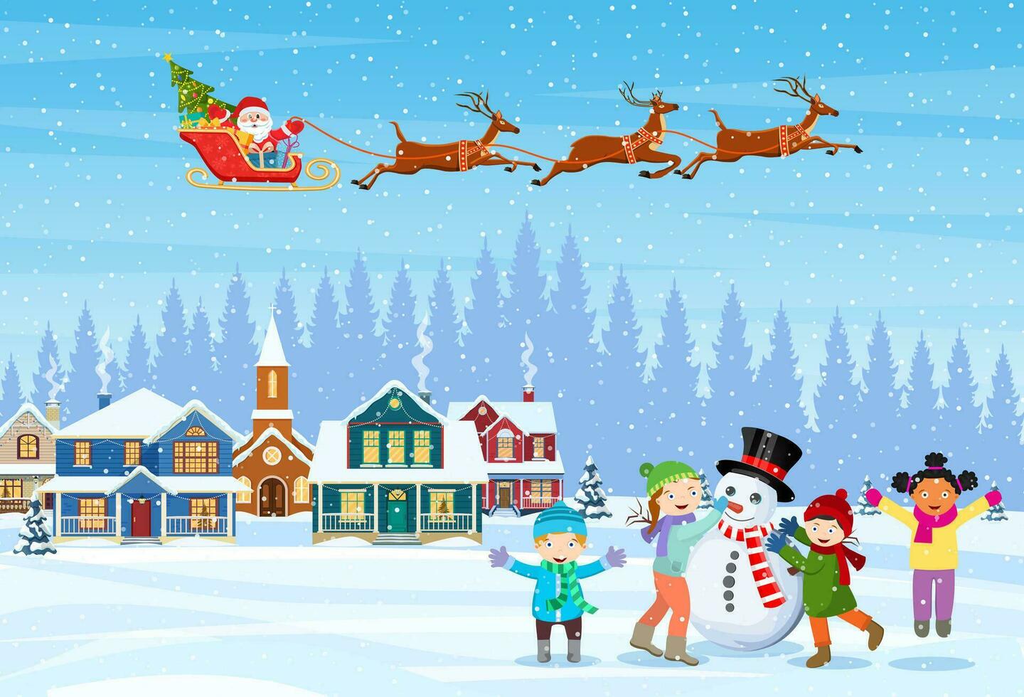 Lycklig ny år och glad jul hälsning kort. jul landskap. barn byggnad snögubbe. vinter- högtider. santa claus med hjortar i himmel. vektor illustration i platt stil