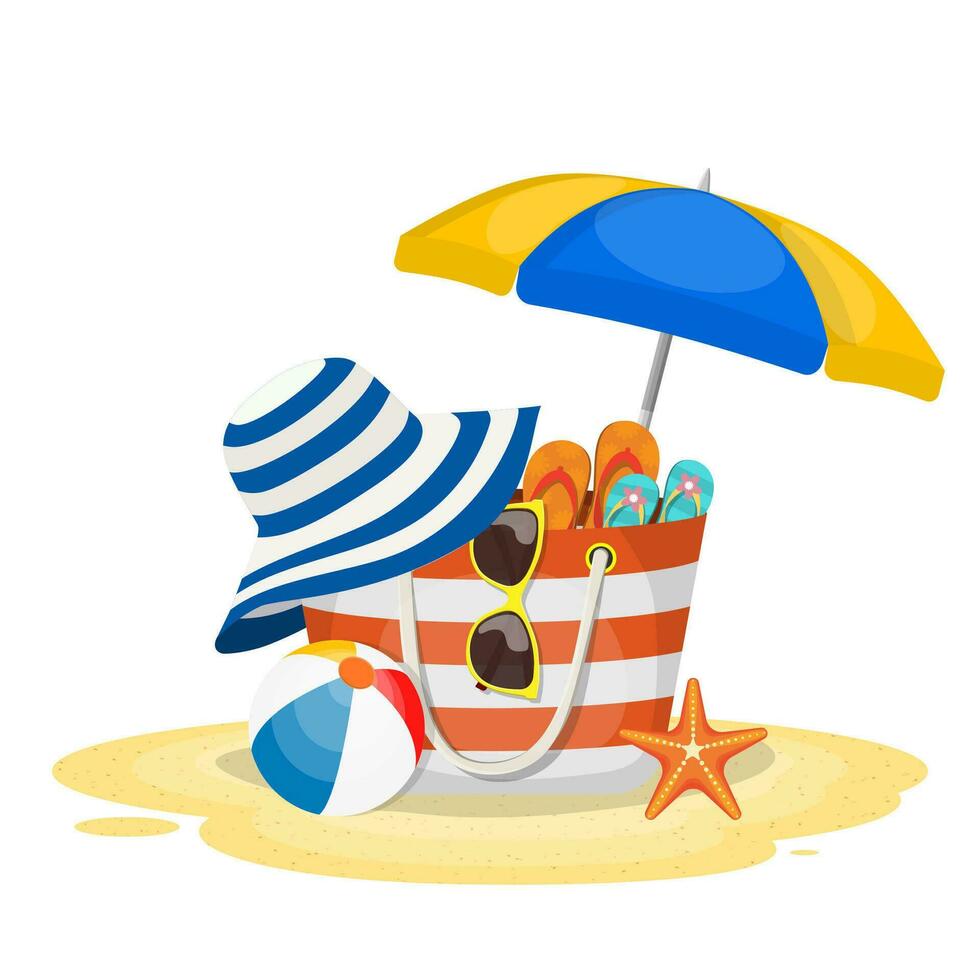 Sommer- Zubehör zum das Strand. Tasche, Sonnenbrille, Flip Flops, Seestern, Ball, Regenschirm . Vektor Illustration im eben Stil