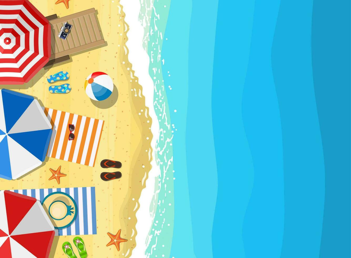 Strand Sonne Regenschirme Flip Flops und Strand Matte auf das Hintergrund von Sand in der Nähe von das Meer Surfen mit Seestern, oben Sicht. Vektor Illustration im eben Stil