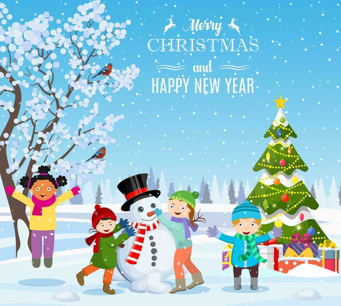 Lycklig ny år och glad jul hälsning kort. jul landskap. jul träd. barn byggnad snögubbe. vinter- högtider. vektor illustration i platt stil