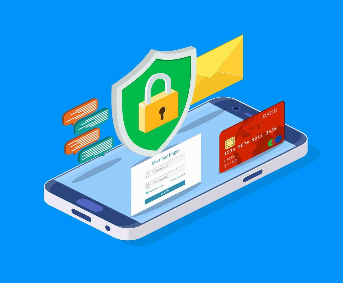 isometrisch Handy, Mobiltelefon Daten Sicherheit online Zahlung Schutz System Konzept. Smartphone, Post, Plaudern und Anerkennung Karte. Vektor Illustration im eben Stil.