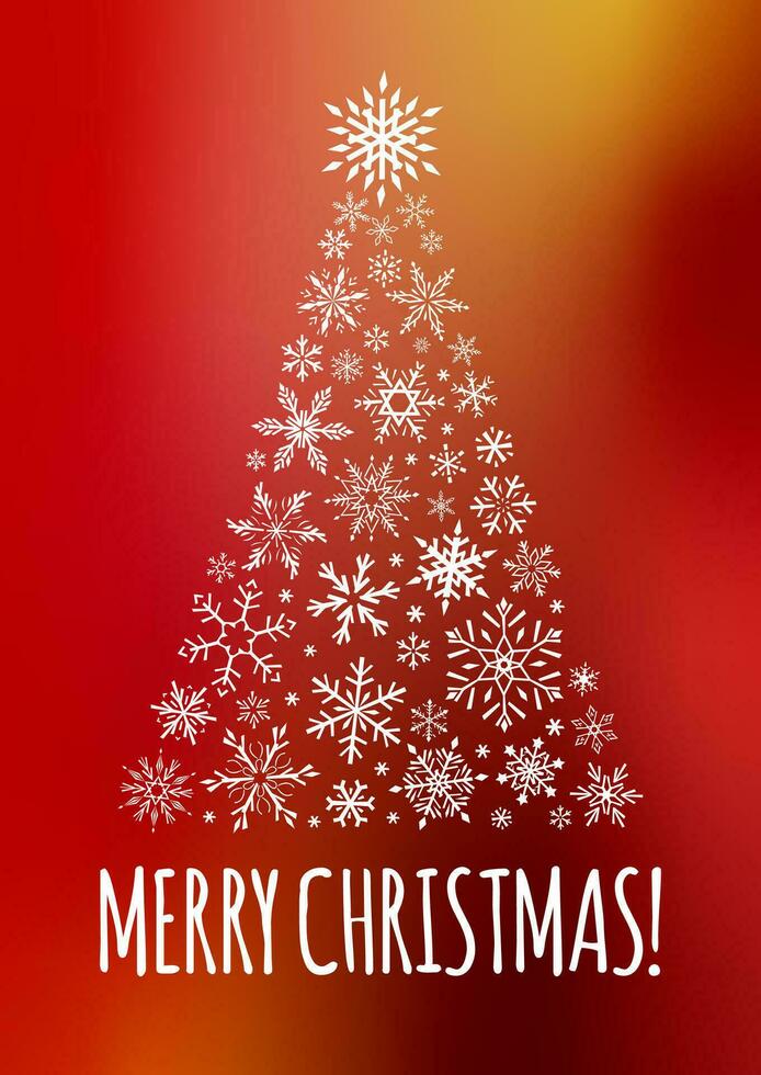 glad jul vertikal kort med jul träd tillverkad av grafisk snöflingor. ljus vektor illustration.