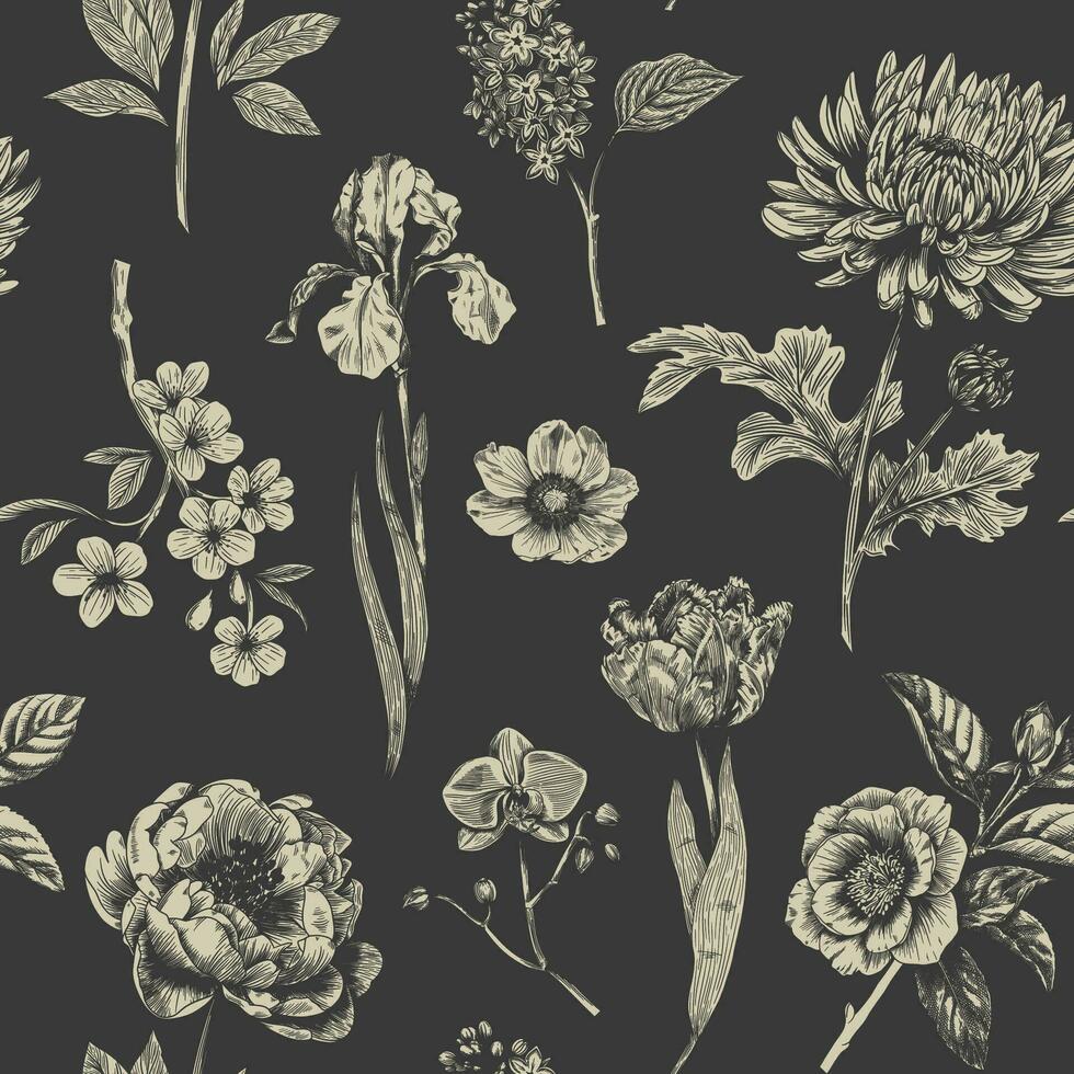 abstrakt modern Blumen- nahtlos Muster mit Hand gezeichnet Blume im toile de jouy Stil. retro Eleganz wiederholen drucken. Jahrgang Design zum Stoff, Hintergrund oder Verpackung vektor