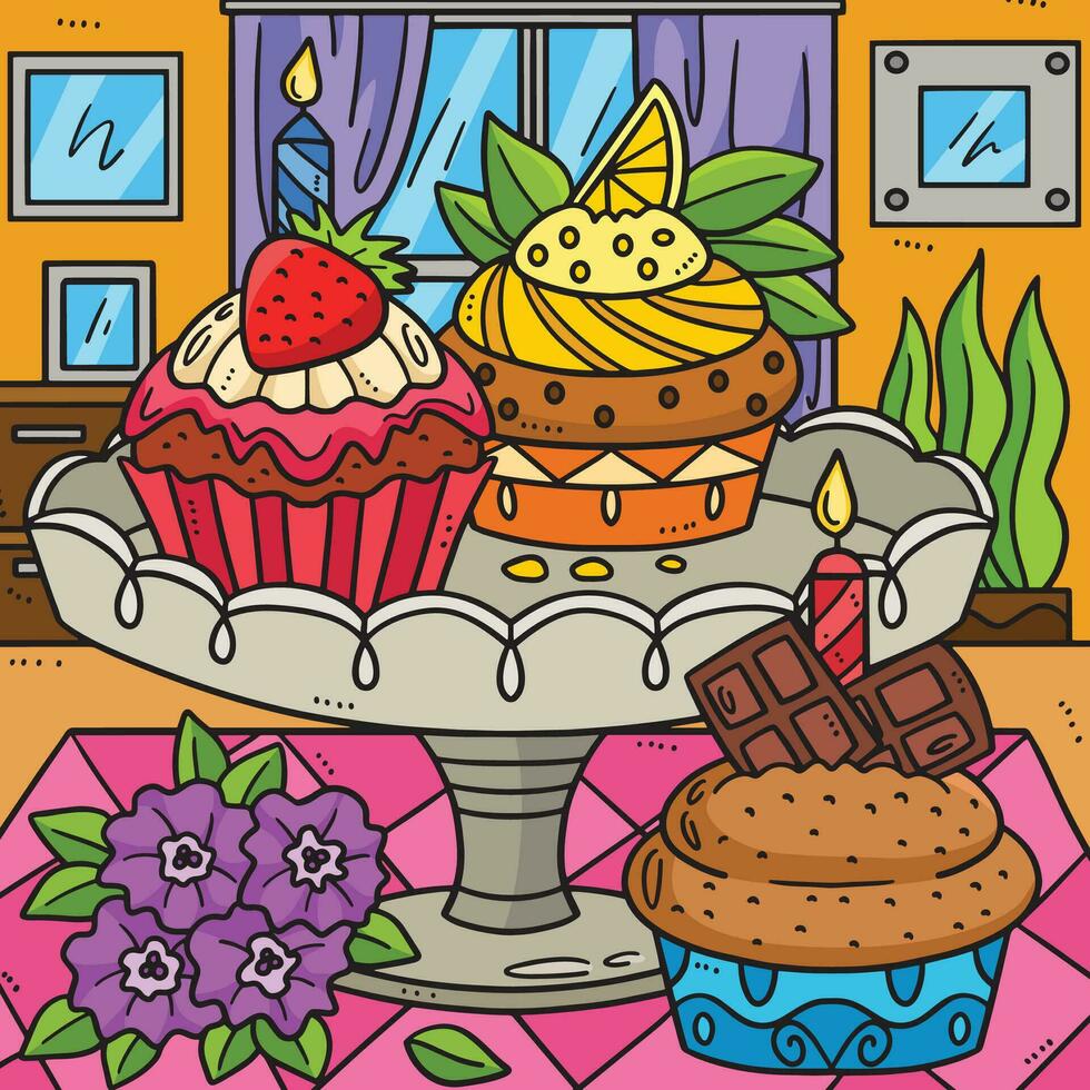 födelsedag muffins färgad tecknad serie illustration vektor