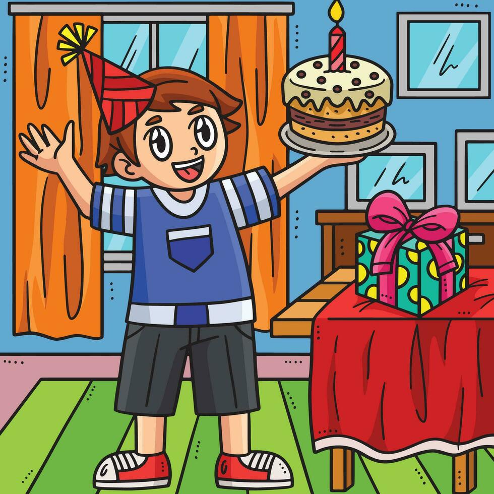 Geburtstag Junge halten ein Kuchen farbig Karikatur vektor