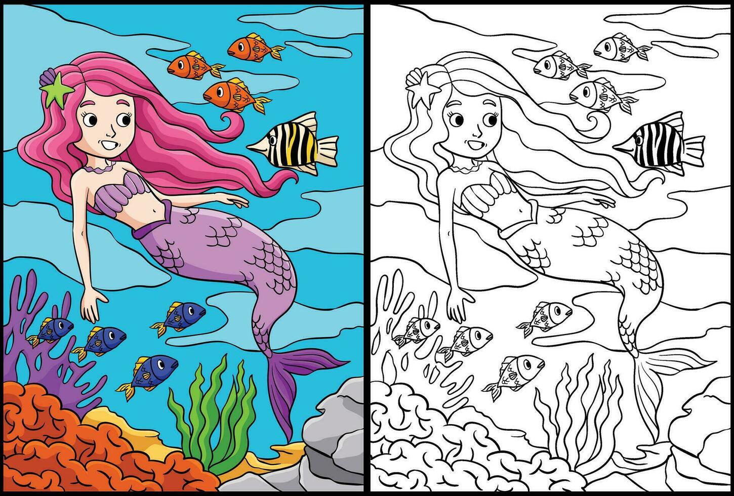 Meerjungfrau und ein Fisch Färbung Seite Illustration vektor
