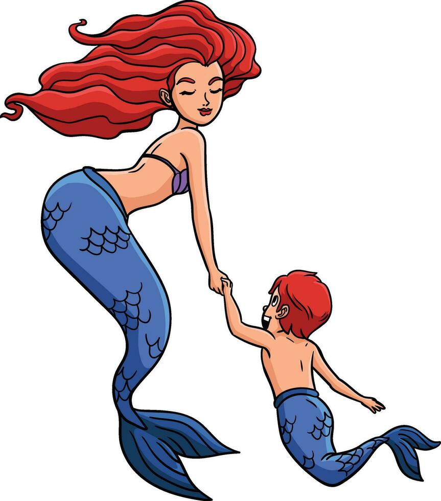 sjöjungfru och en ung merman tecknad serie färgad ClipArt vektor