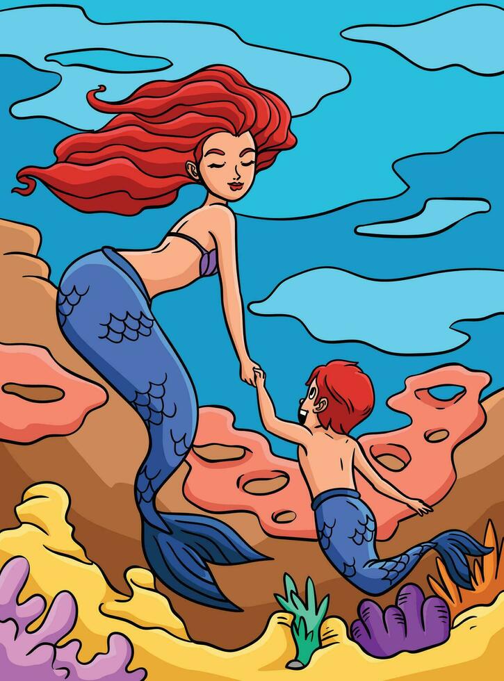 Meerjungfrau und ein jung Merman farbig Karikatur vektor