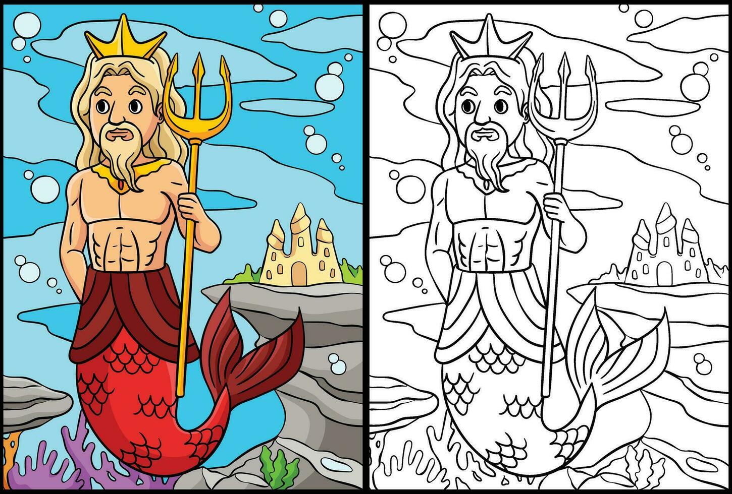 Merman König Färbung Seite farbig Illustration vektor