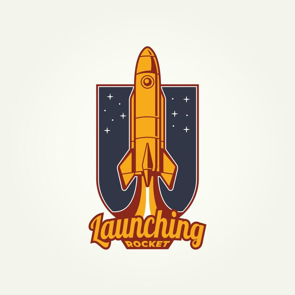 Starten Rakete retro Abzeichen Logo Vorlage Vektor Illustration Design. Jahrgang futuristisch, Raum, Innovation Emblem Logo Konzept