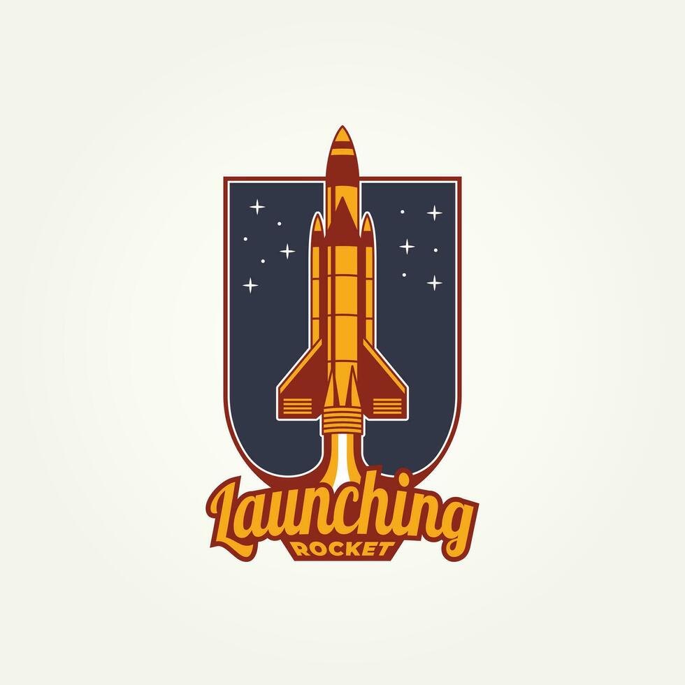 Raumfahrzeug Rakete starten retro Abzeichen Logo Vorlage Vektor Illustration Design. Jahrgang futuristisch, Raum, Innovation Emblem Logo Konzept