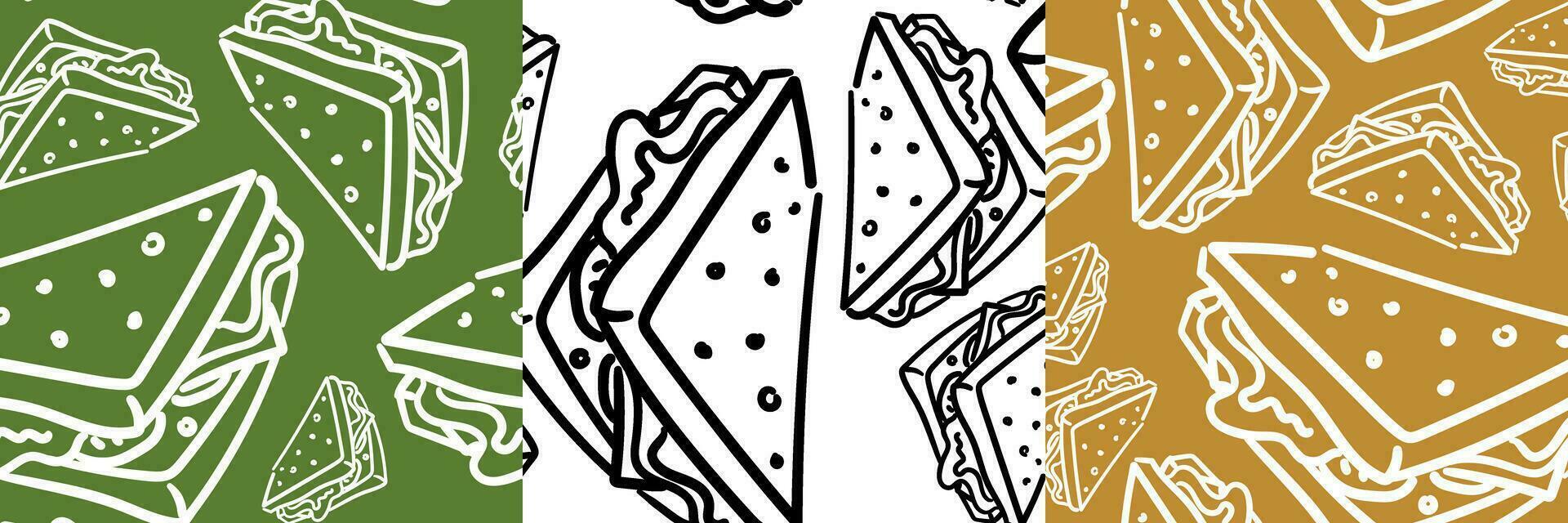 en uppsättning av vektor sömlös bakgrunder med ritad för hand vit linjär smörgåsar. färgad mat design element, idealisk för några företag relaterad till de mat industri. utskrift på textilier och papper