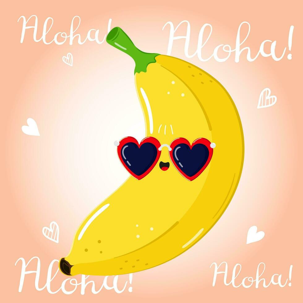 süß komisch Banane Charakter. Vektor Hand gezeichnet Karikatur kawaii Charakter Illustration Symbol. isoliert auf Rosa Hintergrund. Banane Charakter Konzept. Aloha Karte