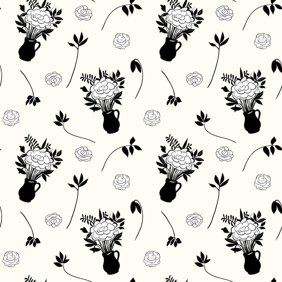 einfarbig Blumen- Muster. nahtlos Hintergrund mit Blumensträuße und Geäst. Hand gezeichnet botanisch Hintergrund vektor