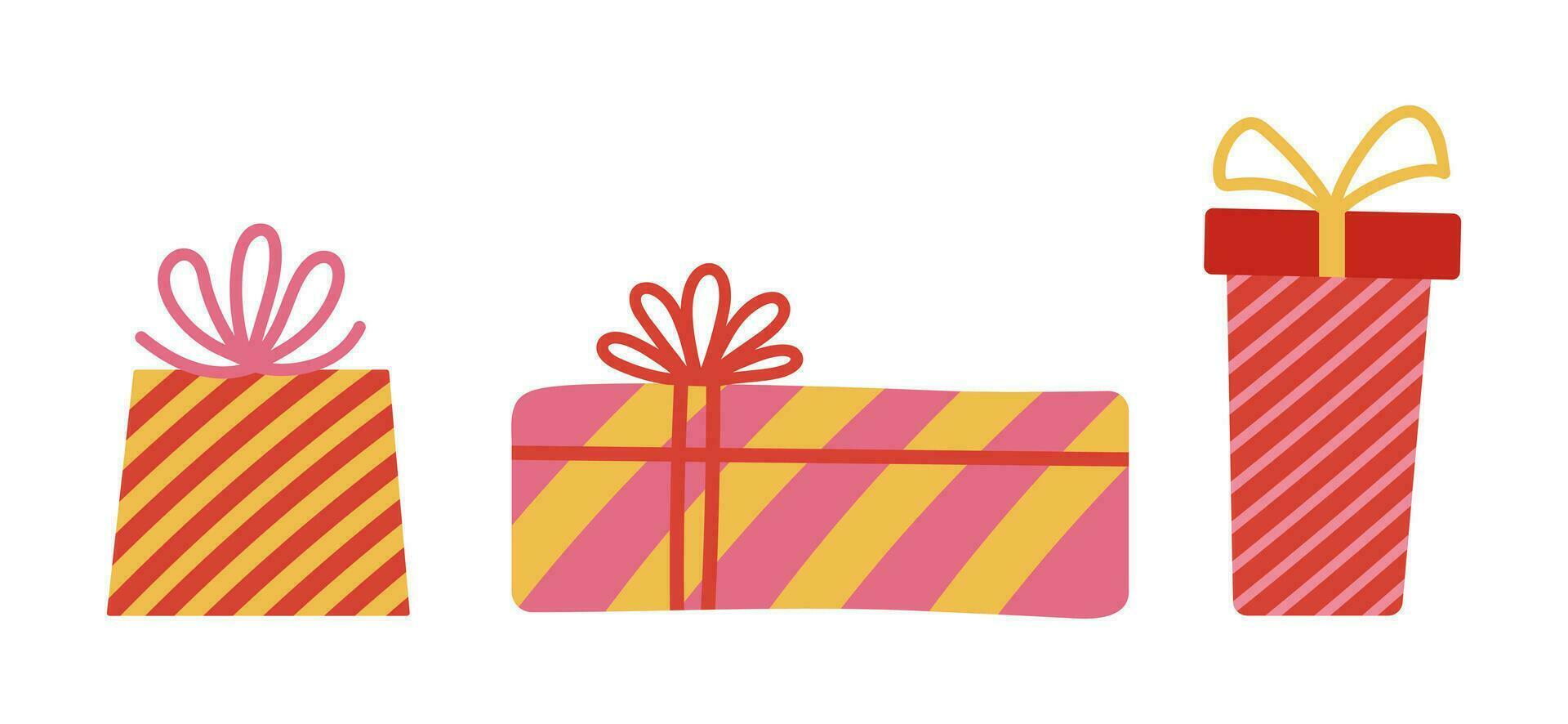 Geschenk Box Vektor Symbol Satz. hell geschlossen die Geschenke mit Bogen, Urlaub Schleife. Platz und rechteckig Behälter sind verpackt im gestreift Verpackung Papier. Überraschung zum Valentinsgrüße Tag, Geburtstag, Weihnachten