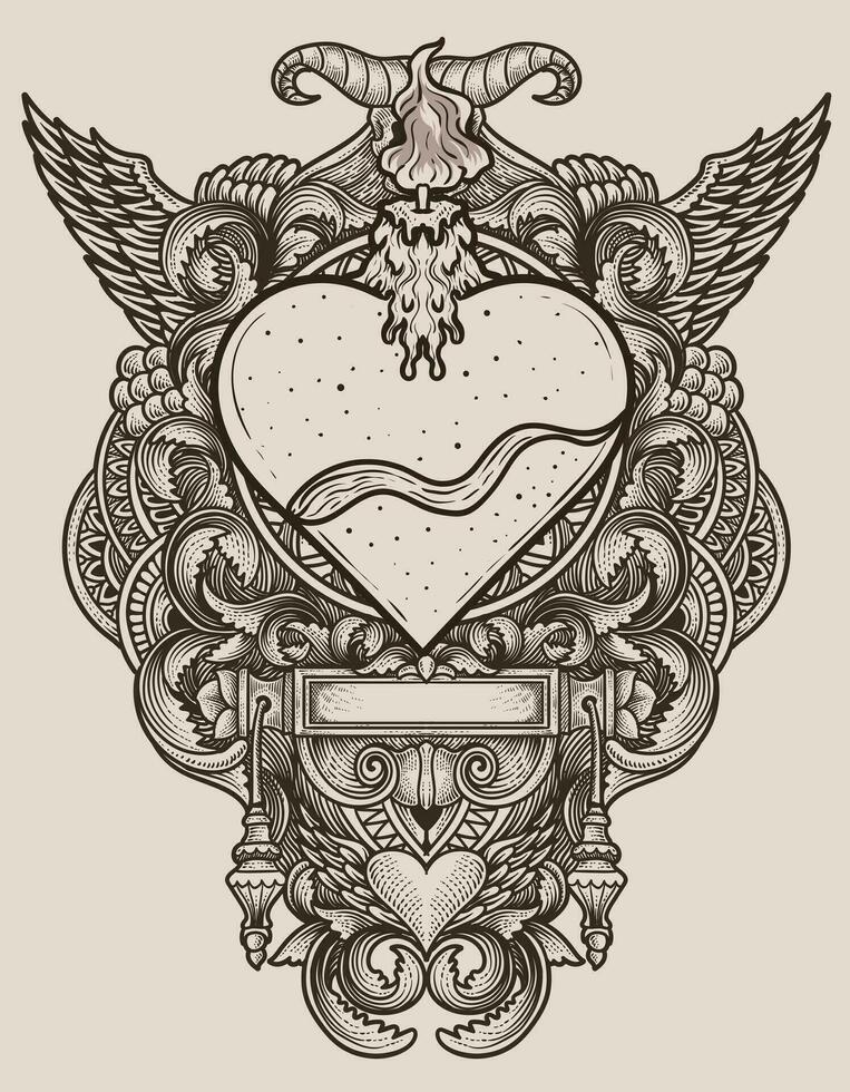 illustration hand ritade. årgång kärlek hjärta med gravyr prydnad vektor