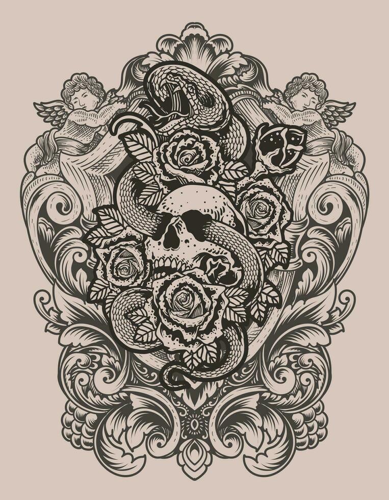Illustration Jahrgang Schädel Schlange Rose mit Gravur Ornament vektor