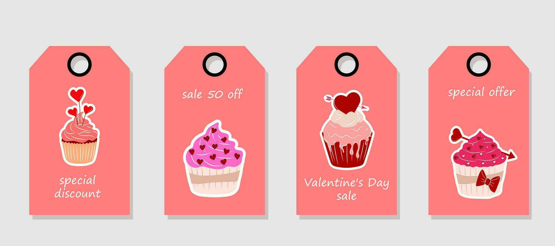 vektor uppsättning av rabatt pris taggar. etiketter med hjärtans dag cupcake. hjärtans dag försäljning.