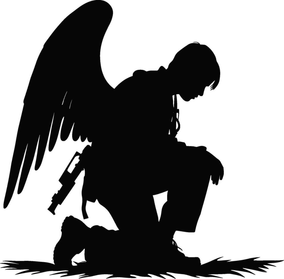 Militär- Engel Soldat mit Flügel kniend Silhouette Vektor. ai generiert Illustration. vektor