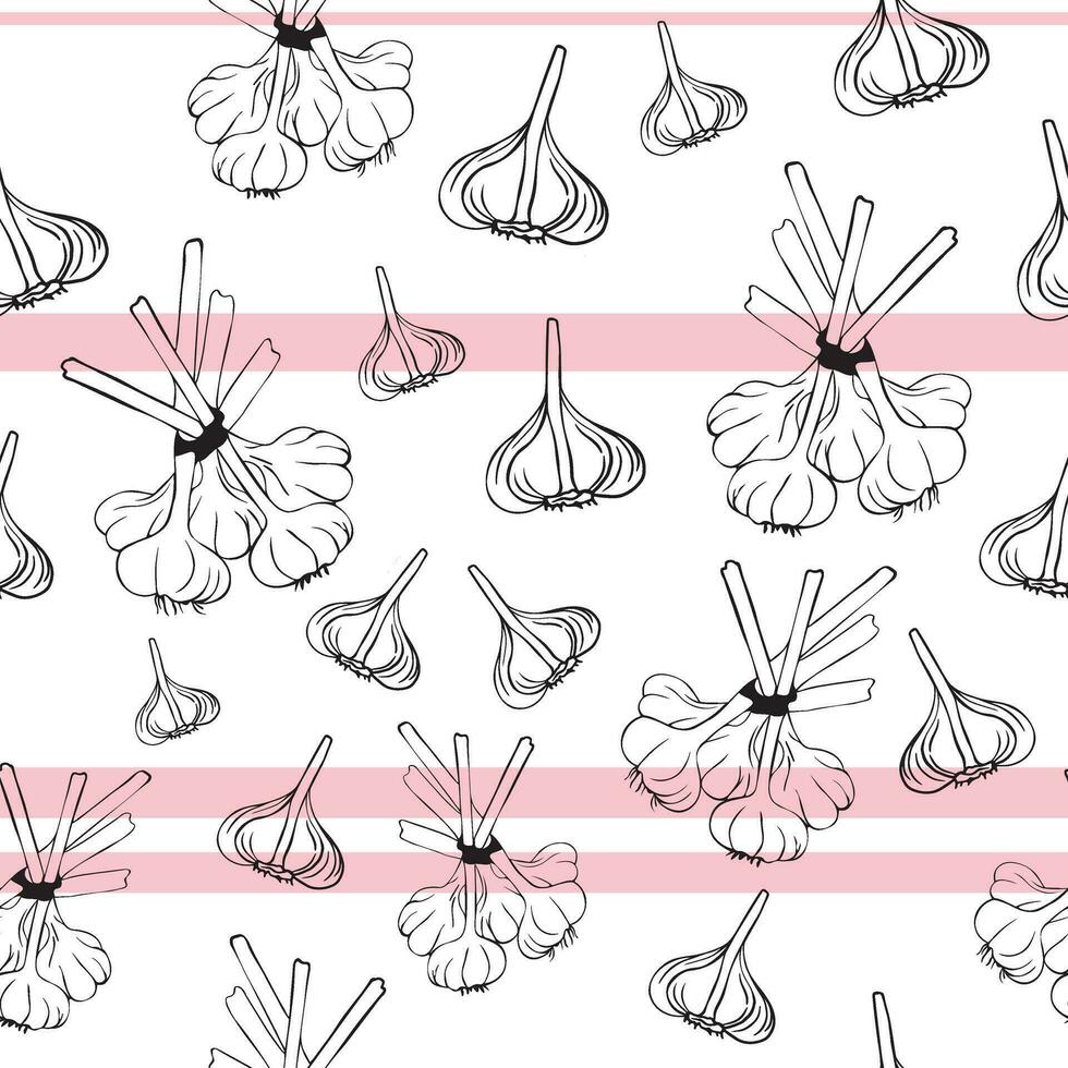 Knoblauch Köpfe und Nelken. duftend würzen im skizzieren. nahtlos Muster mit organisch Knoblauch Zutaten zum Hintergrund und Mode, Design vektor